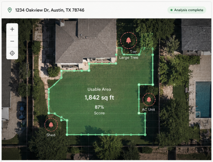 Aerial analysis showing segmented backyard with usable area and obstacle markers